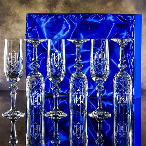 Engraved Crystal Edward Flute Set of Six in a Pres