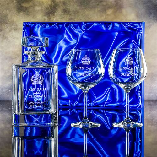Engraved Crystal Atlas Gin Decanter & Two Gin Bloo