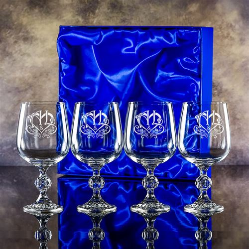 Four Claudia Engraved Goblet Glasses Gift Set