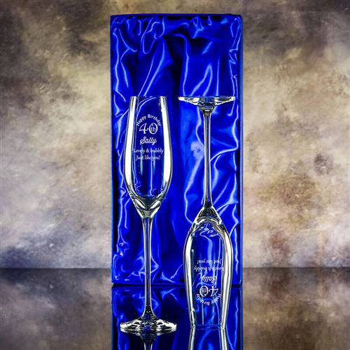 Engraved Crystal Lydia Flutes, boxed as a pair