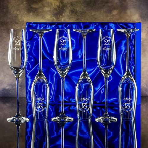 Engraved Crystal Lydia Flutes, Six presentation bo