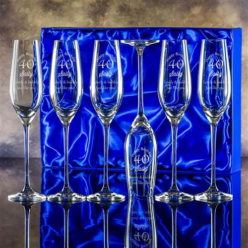 Six Lydia Engraved Champagne Flutes Gift Set