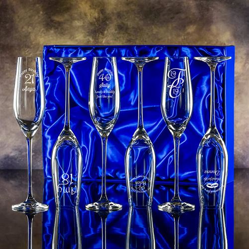 Six Lydia Engraved Champagne Flutes Gift Set