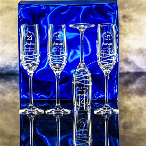 Crystal Engraved Wavy Champagne Flute Gift set of Four