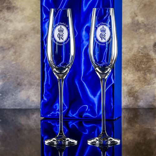 Engraved Crystal Lydia Flutes, boxed as a pair